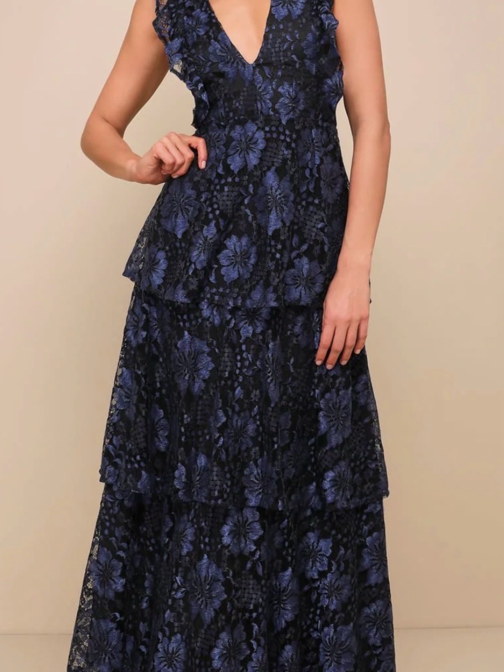 Lulu's Navy Blue and Black Floral Lace Maxi Dress